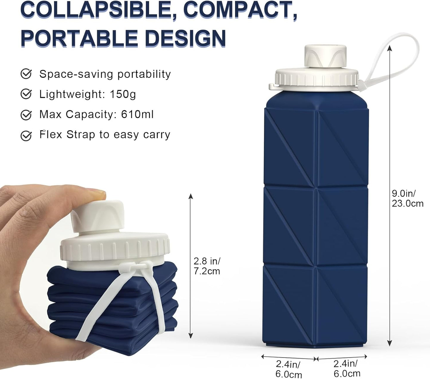Collapsible Water Bottle, Silicone Foldable Portable Water Bottles 610Ml, Lightweight Reusable Leakproof for Travel Camping Hiking Cycling Yoga Sports Outdoor, 1 Pack (Dark Blue)