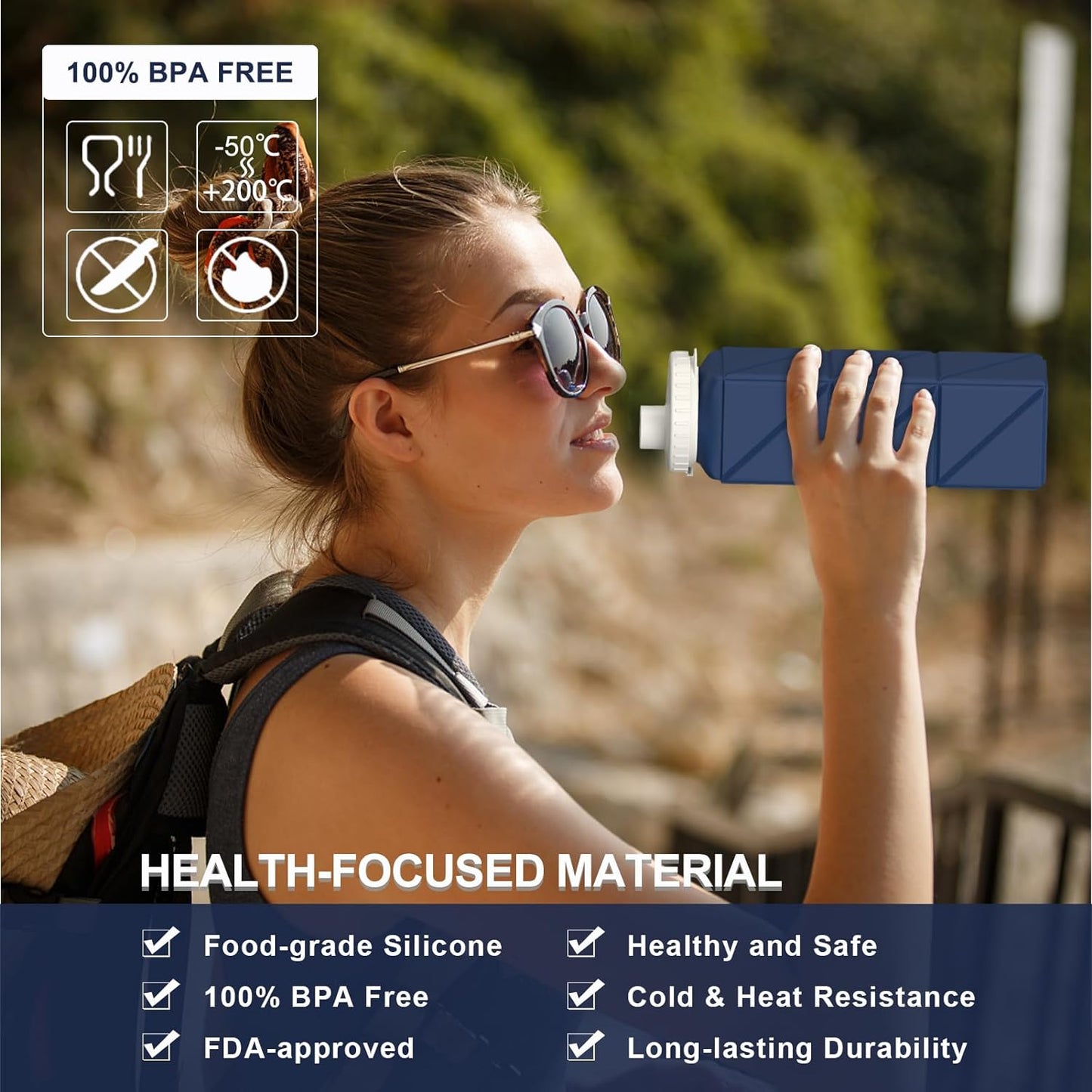 Collapsible Water Bottle,  Silicone Foldable Portable Water Bottles 610Ml, Lightweight Reusable Leakproof for Travel Camping Hiking Cycling Yoga Sports Outdoor, 1 Pack (Dark Blue)