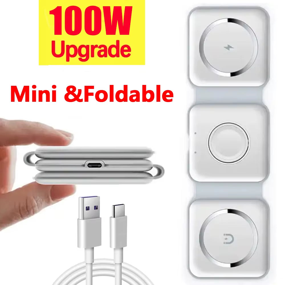100W 3 in 1 Foldable Wireless Charger Pad Stand for Iphone 15 14 13 12Pro Max Airpods Iwatch Fast Wireless Charging Dock Station