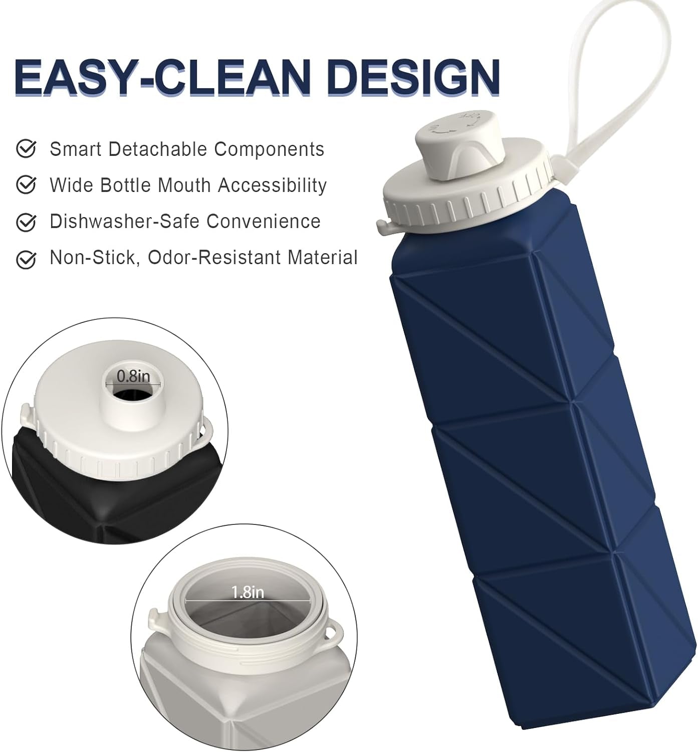 Collapsible Water Bottle,  Silicone Foldable Portable Water Bottles 610Ml, Lightweight Reusable Leakproof for Travel Camping Hiking Cycling Yoga Sports Outdoor, 1 Pack (Dark Blue)