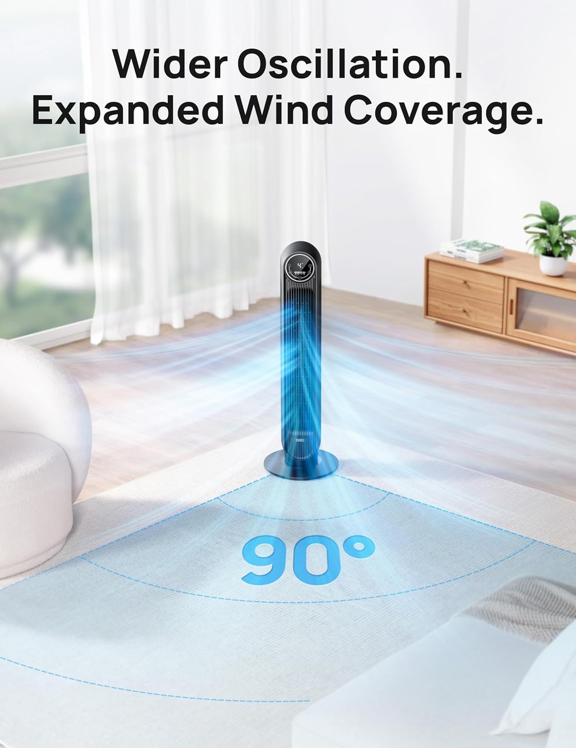 28Db Tower Fan for Bedroom, 25Ft/S Velocity Portable Cooling Fan, 90° Oscillating Standing Fans for Home, LED Display, 4 Speeds, 4 Modes, Timer, Quiet Electric Bladeless Fan, Remote Control