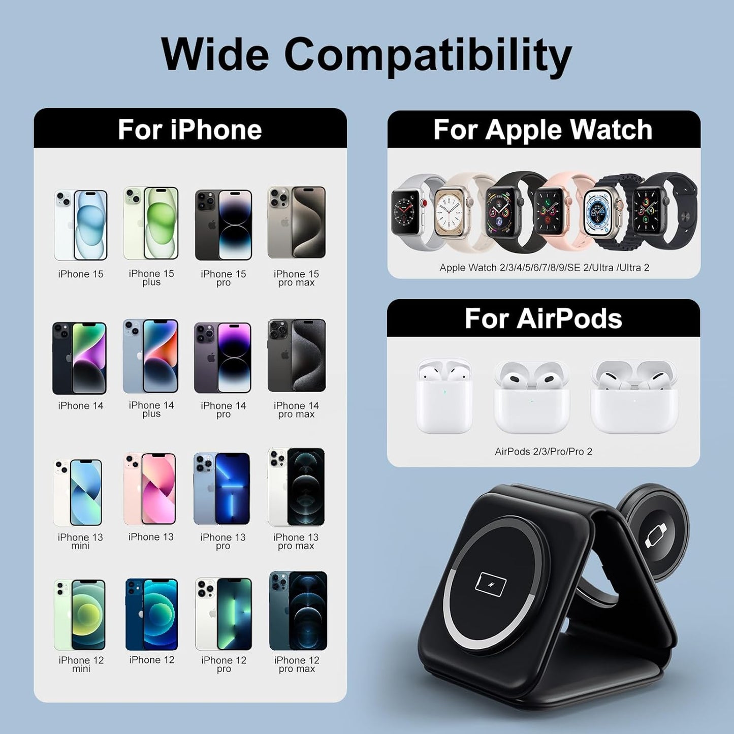 Wireless Charger for Iphone,  3 in 1 Magnetic Foldable Charging Station for Multiple Device Apple, 18W Fast Charger Stand for Iphone 15 14 13 12, Iwatch & Airpods, (Adapter Included) W-312