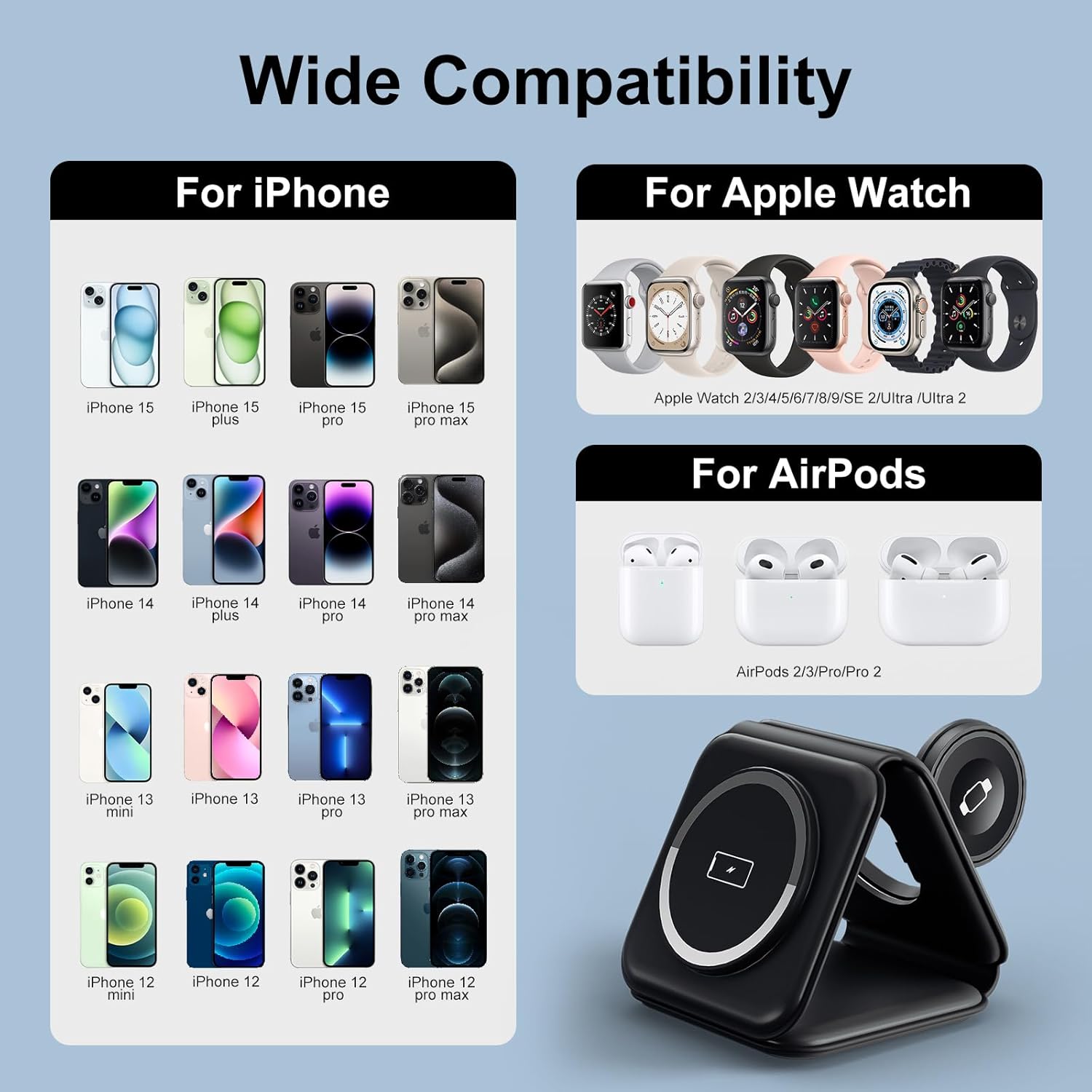 Wireless Charger for Iphone,  3 in 1 Magnetic Foldable Charging Station for Multiple Device Apple, 18W Fast Charger Stand for Iphone 15 14 13 12, Iwatch & Airpods, (Adapter Included) W-312