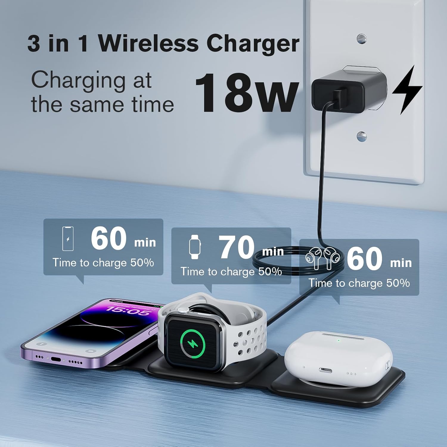 Wireless Charger for Iphone,  3 in 1 Magnetic Foldable Charging Station for Multiple Device Apple, 18W Fast Charger Stand for Iphone 15 14 13 12, Iwatch & Airpods, (Adapter Included) W-312