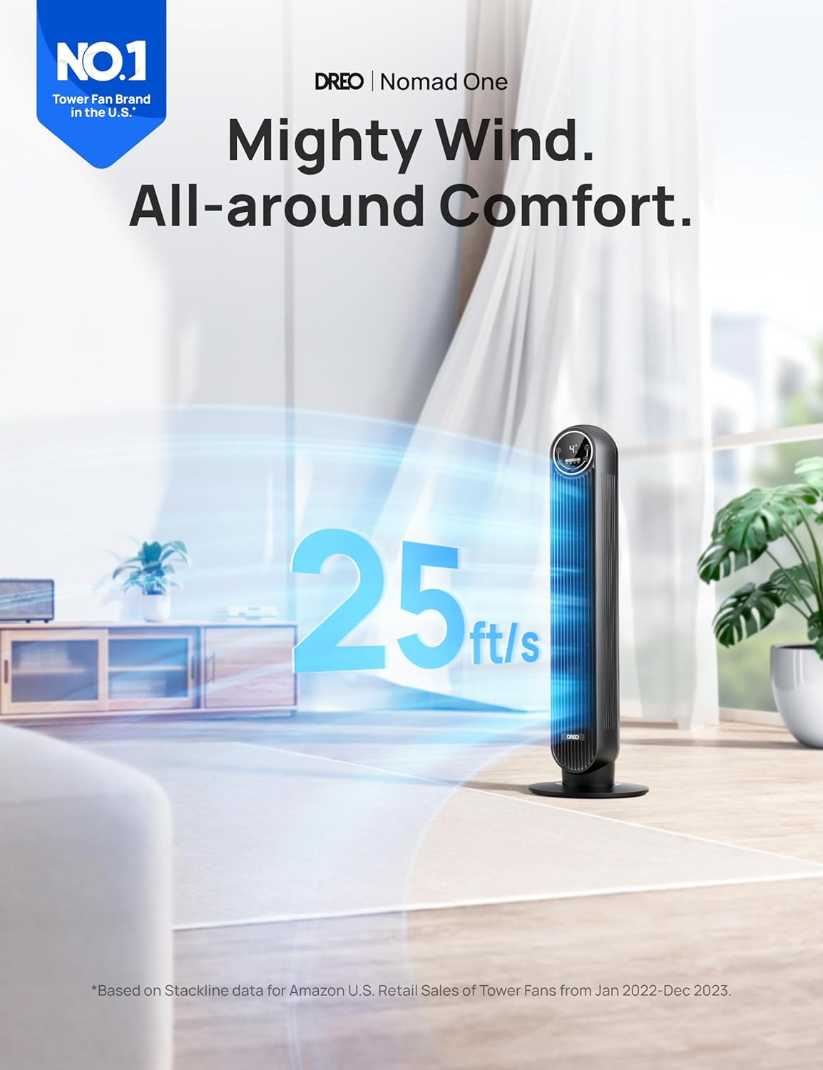 28Db Tower Fan for Bedroom, 25Ft/S Velocity Portable Cooling Fan, 90° Oscillating Standing Fans for Home, LED Display, 4 Speeds, 4 Modes, Timer, Quiet Electric Bladeless Fan, Remote Control