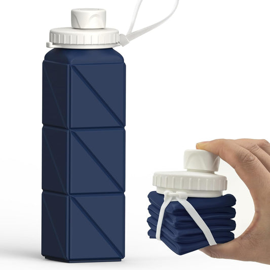 Collapsible Water Bottle,  Silicone Foldable Portable Water Bottles 610Ml, Lightweight Reusable Leakproof for Travel Camping Hiking Cycling Yoga Sports Outdoor, 1 Pack (Dark Blue)