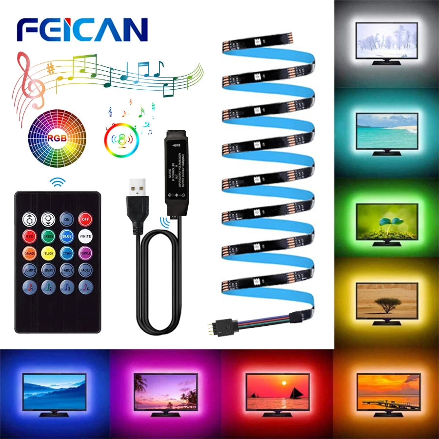 LED Strip Light 2835 5050 USB Bluetooth Flexible Lamp Tape 3Key Sound Sensor RGB Ribbon 1M 2M 3M 4M DC5V Decoration TV Backlight