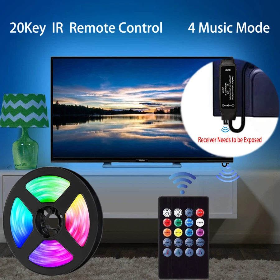 LED Strip Light 2835 5050 USB Bluetooth Flexible Lamp Tape 3Key Sound Sensor RGB Ribbon 1M 2M 3M 4M DC5V Decoration TV Backlight