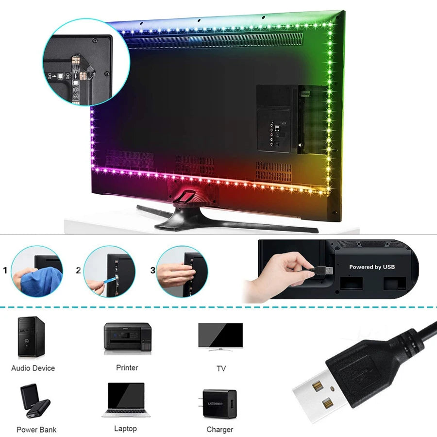 LED Strip Light 2835 5050 USB Bluetooth Flexible Lamp Tape 3Key Sound Sensor RGB Ribbon 1M 2M 3M 4M DC5V Decoration TV Backlight