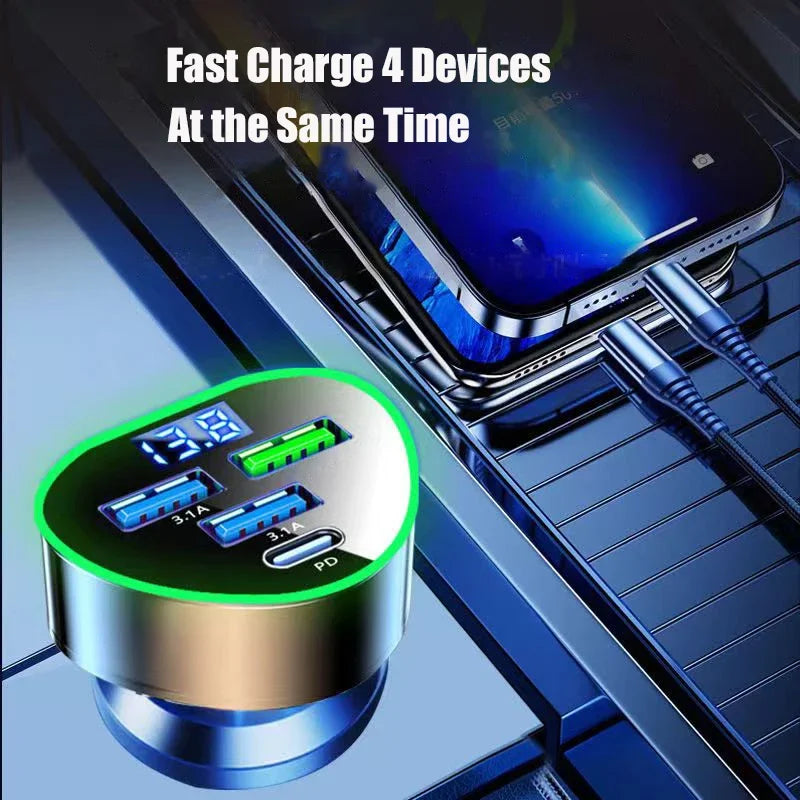 USB C Car Phone Charger Super Fast Charge in Car with LED Voltage Display for Iphone Samsung Huawei Oneplus Android Phone