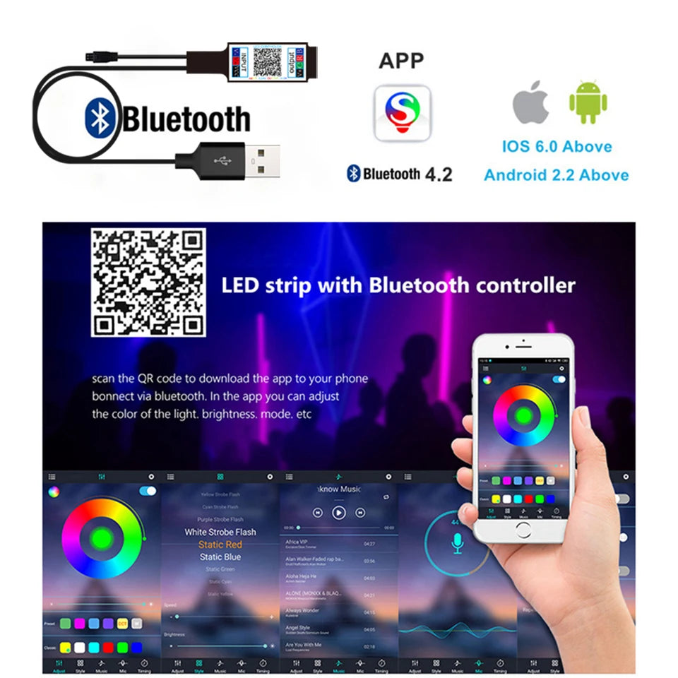LED Strip Light 2835 5050 USB Bluetooth Flexible Lamp Tape 3Key Sound Sensor RGB Ribbon 1M 2M 3M 4M DC5V Decoration TV Backlight
