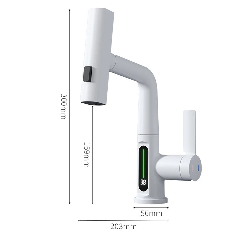Waterfall Basin Faucet Pull-Out Kitchen & Bathroom Faucet Rainfall Temperature Digital Display No Battery SUS604 Stainless Steel