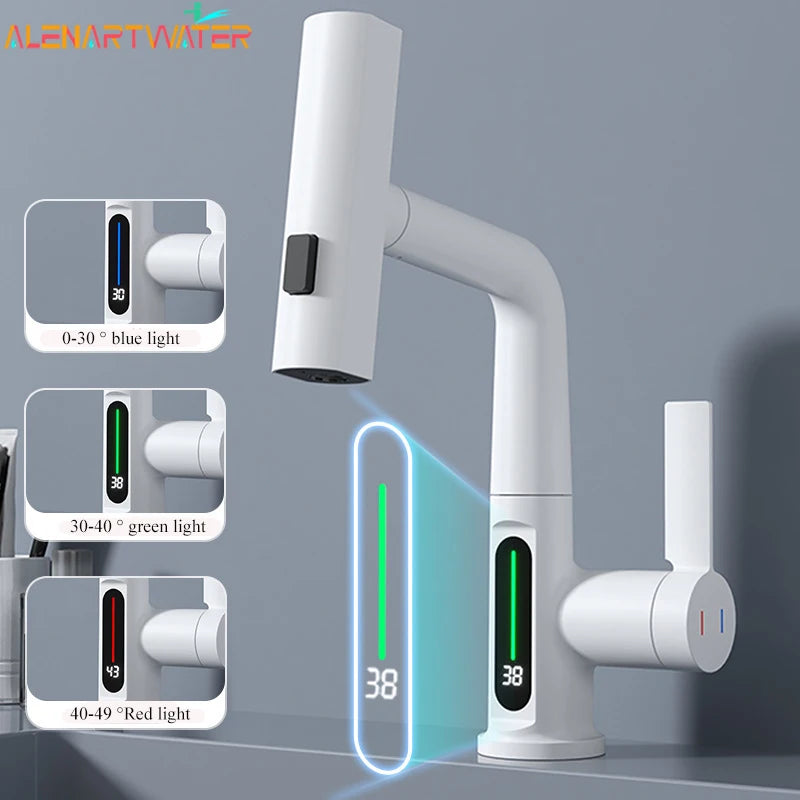 Waterfall Basin Faucet Pull-Out Kitchen & Bathroom Faucet Rainfall Temperature Digital Display No Battery SUS604 Stainless Steel