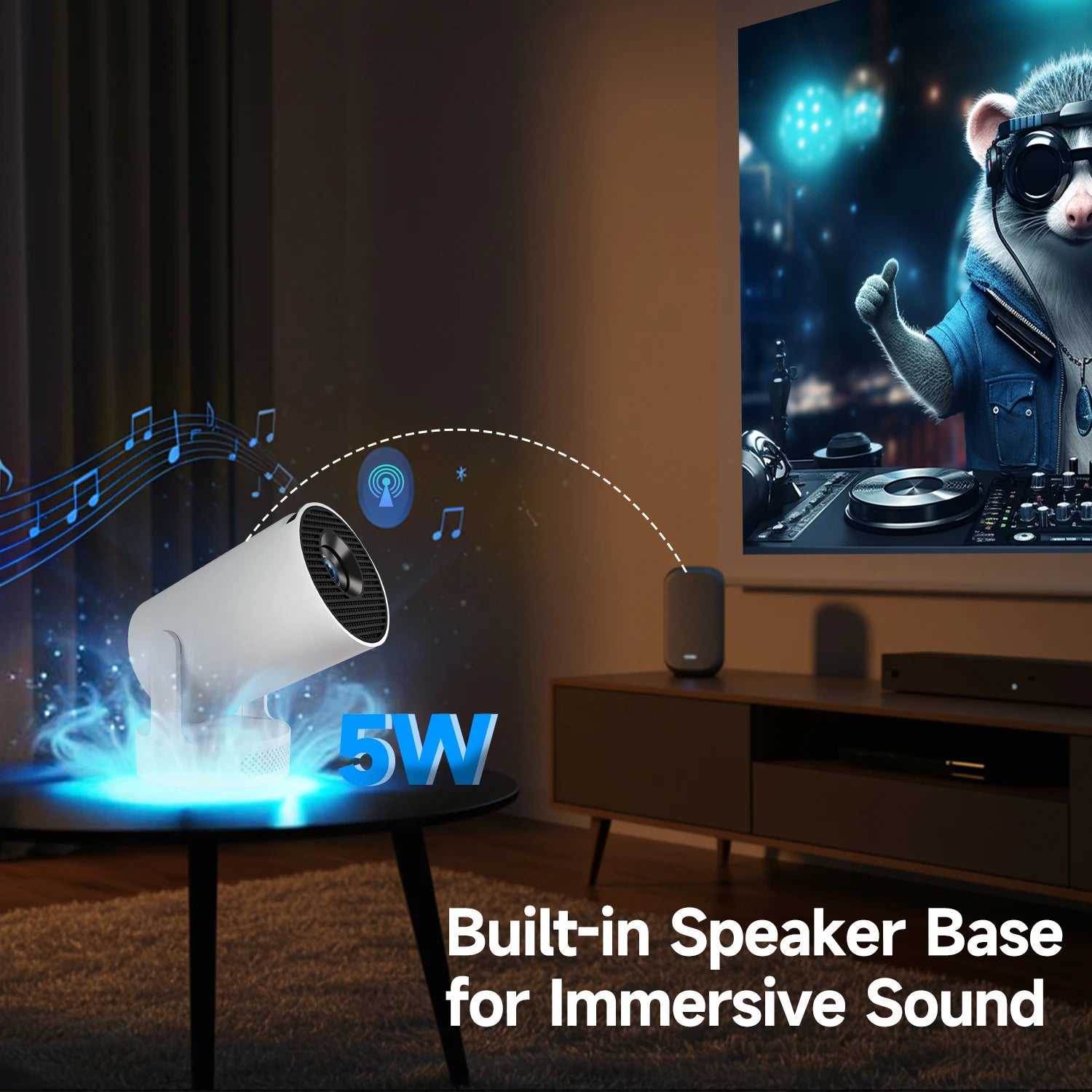 4K Android 11 Portable Projector 8000 Lumens Wifi 6 BT5.4 Outdoor Theater 5W Hifi Speaker 720P HD Supported HY300 Pro+
