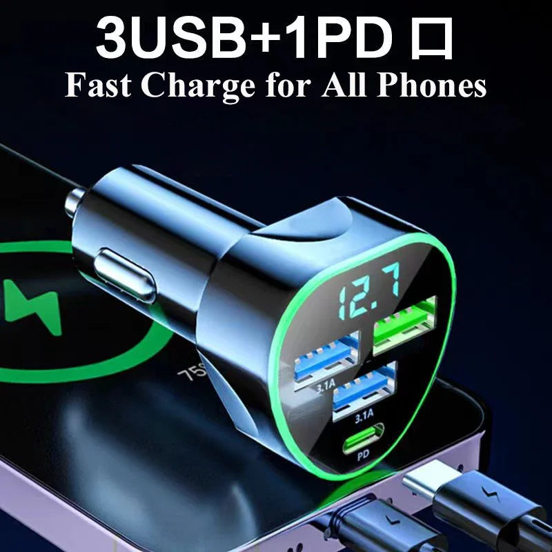 USB C Car Phone Charger Super Fast Charge in Car with LED Voltage Display for Iphone Samsung Huawei Oneplus Android Phone