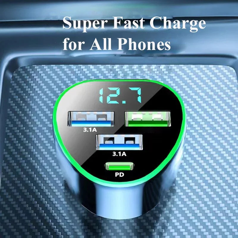 USB C Car Phone Charger Super Fast Charge in Car with LED Voltage Display for Iphone Samsung Huawei Oneplus Android Phone
