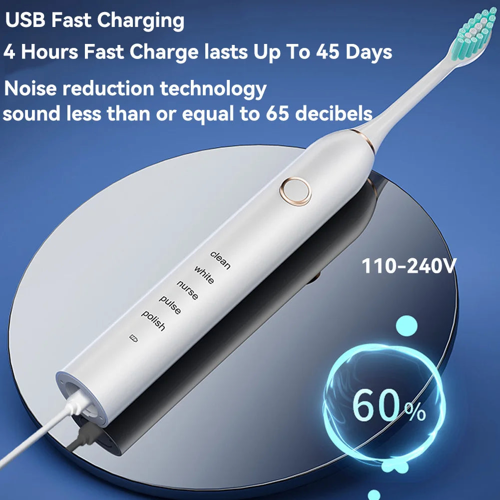 Sonic Electric Adult Toothbrush Rechargeable with 4 Replacement Brush Heads 5 Modes and 3 Intensity 2 Minute Intelligent Timer