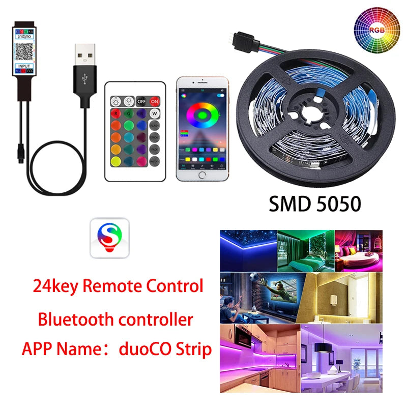 LED Strip Light 2835 5050 USB Bluetooth Flexible Lamp Tape 3Key Sound Sensor RGB Ribbon 1M 2M 3M 4M DC5V Decoration TV Backlight