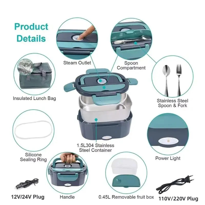 1.5 L 60W Electric Lunch Box Food Warmer Portable Food Heater for Car or Home - Leak Proof 304 Stainless Steel Liner NEW 2025